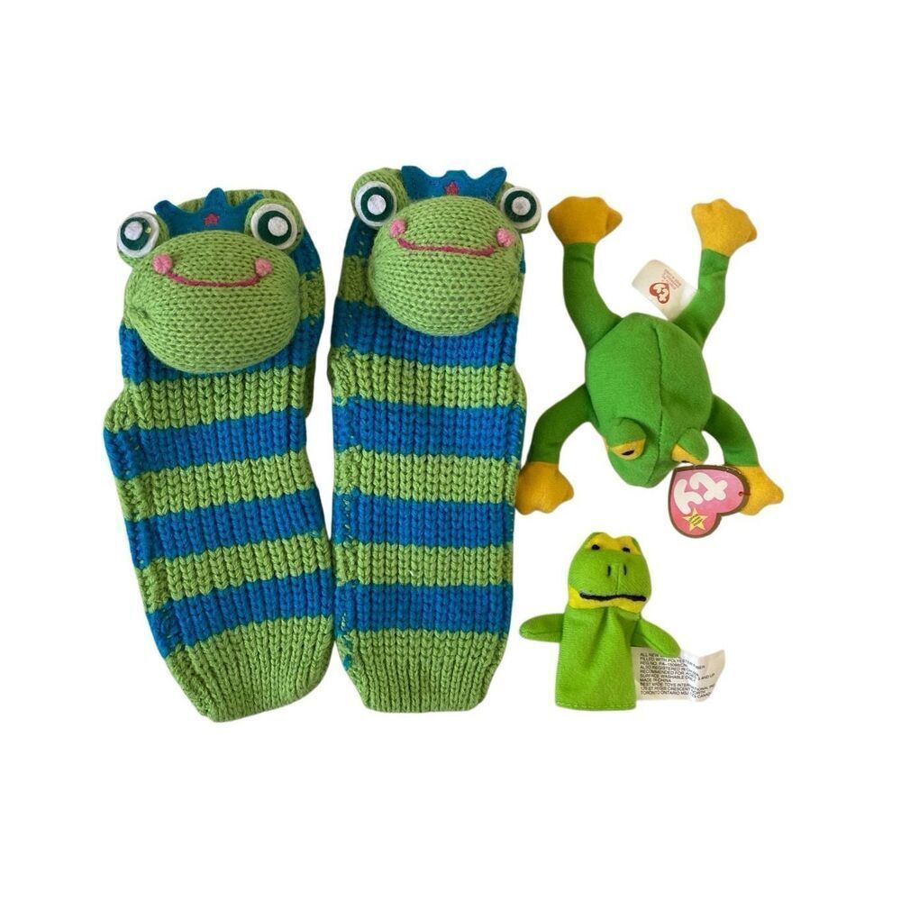 Lot of 3 Smoochy The Frog Ty Teenie Beanie  Knit Socks Finger Puppet